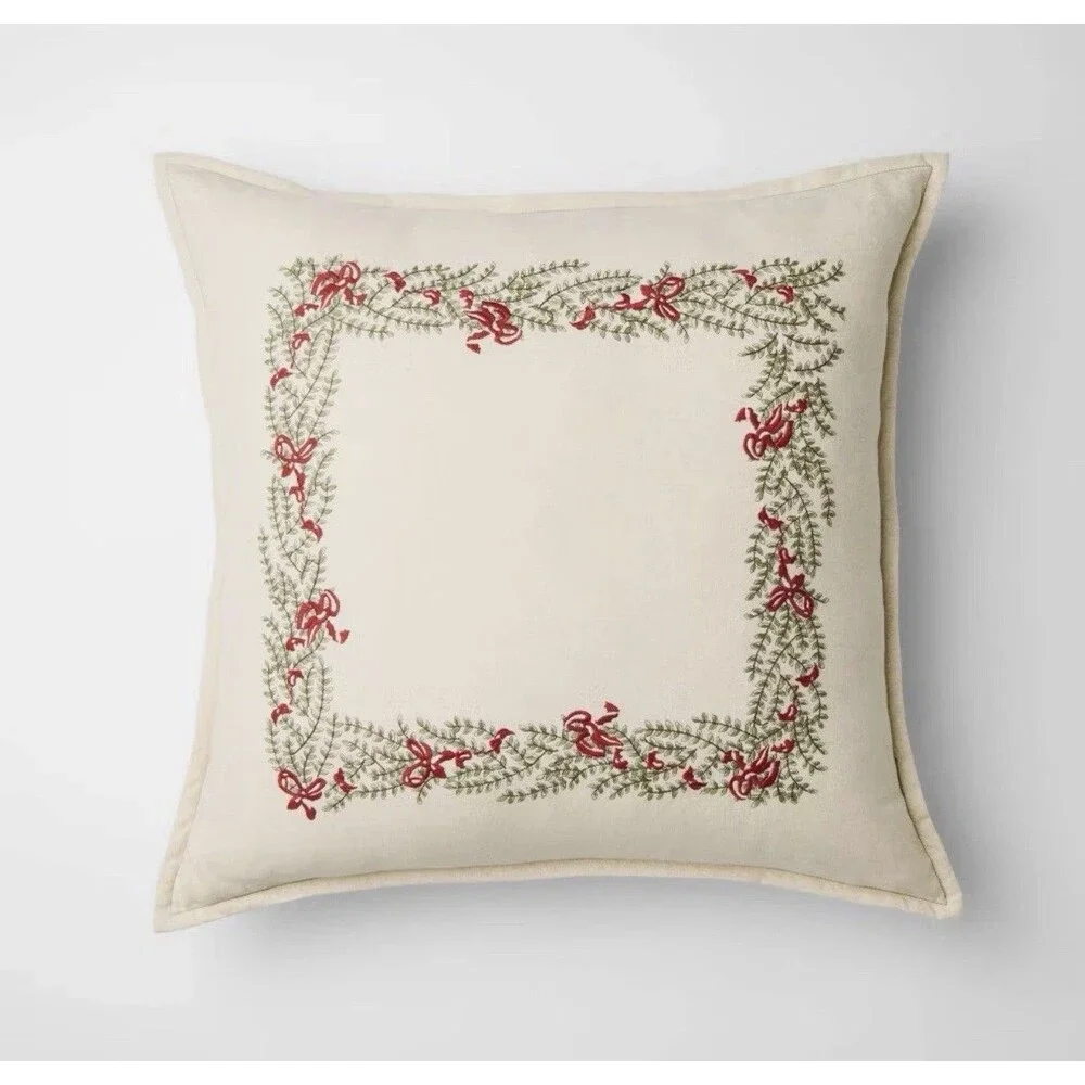 Natural Embroidered Green and Bows Pillow- 24 x 24